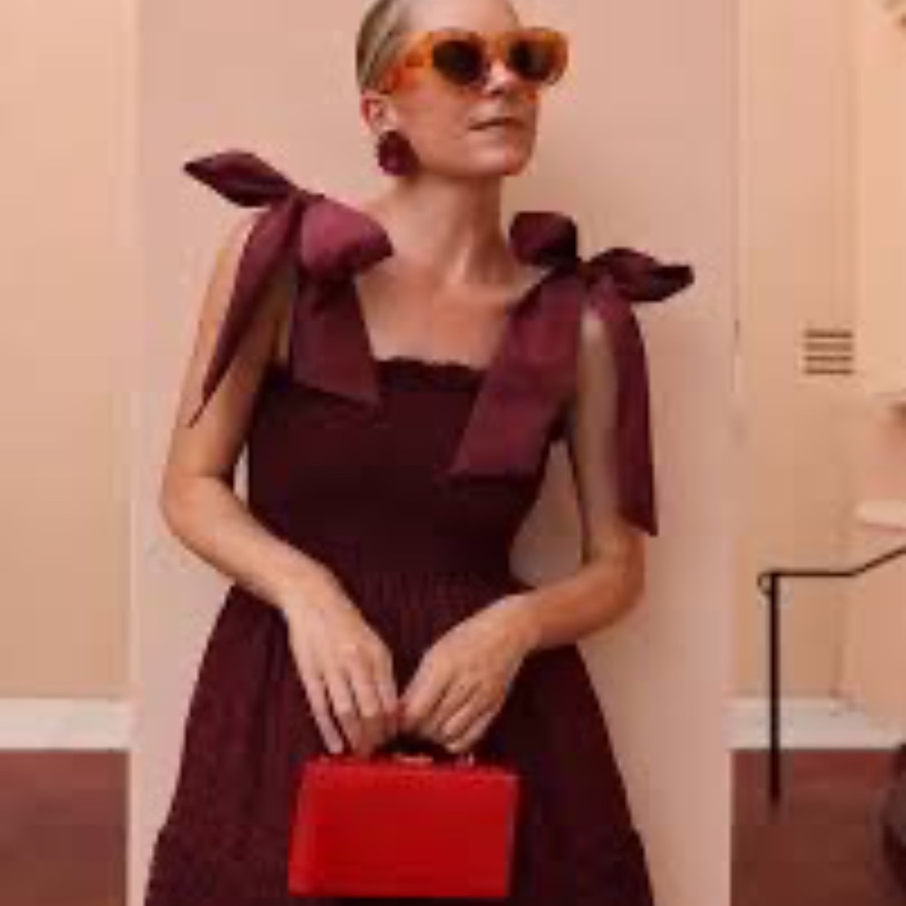 Bow-Shoulder Midi Dress in Burgundy